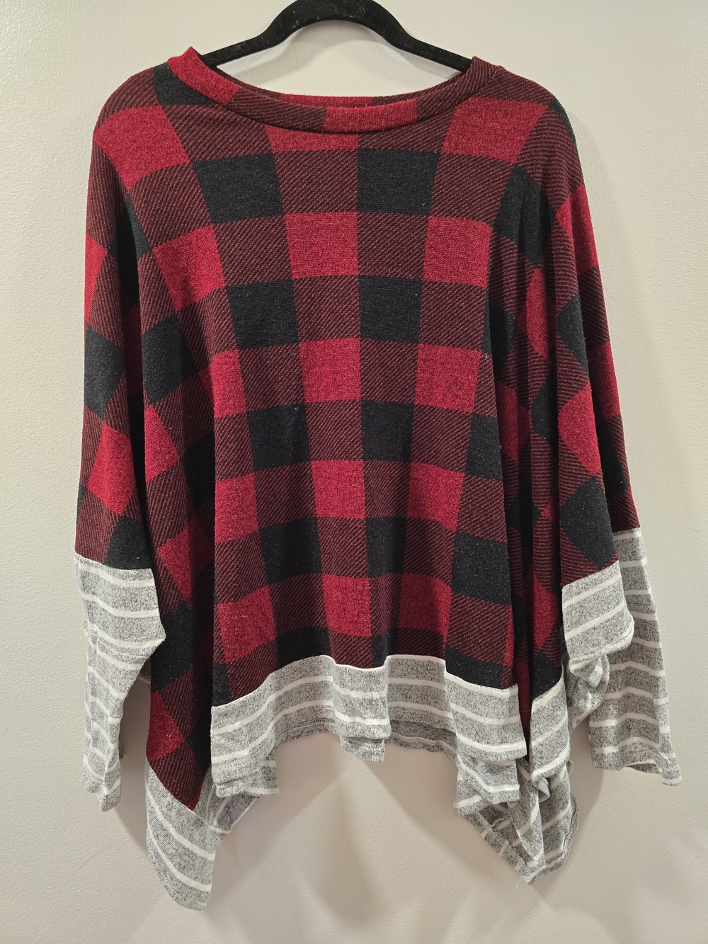 Women’s Red Buffalo Plaid Scoop Neck Sweater with Heathered Gray Stripe Hem